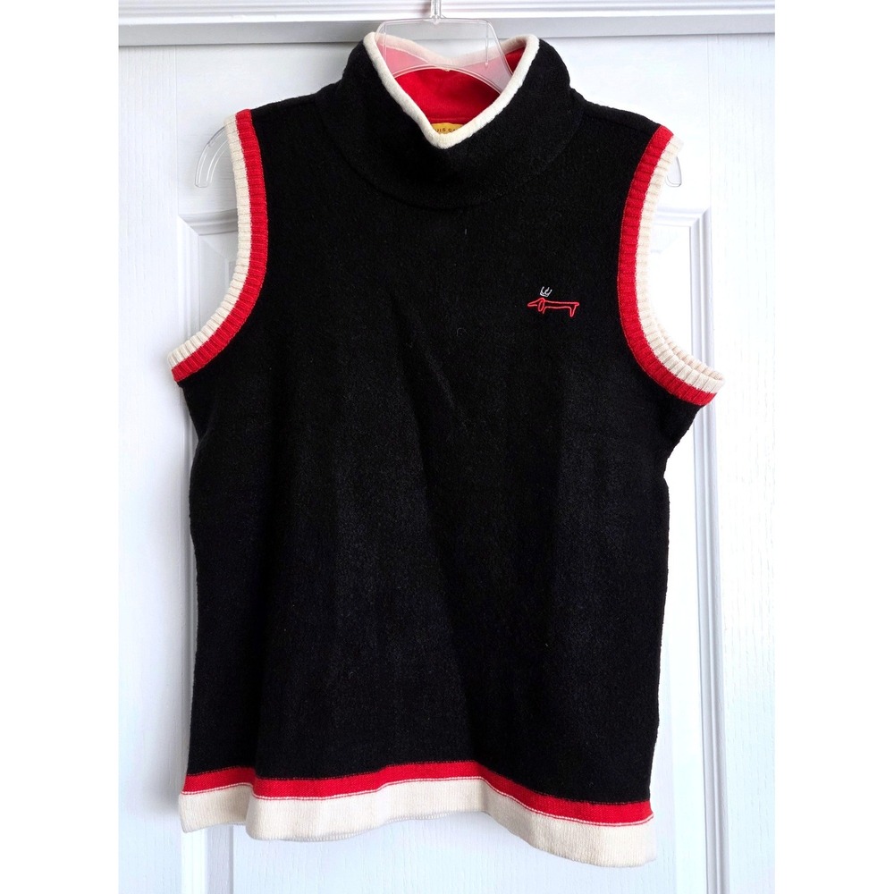 Louis Castel Black Knit Sweater Vest Mock Neck Dachshund Logo Wool Blend Sz M